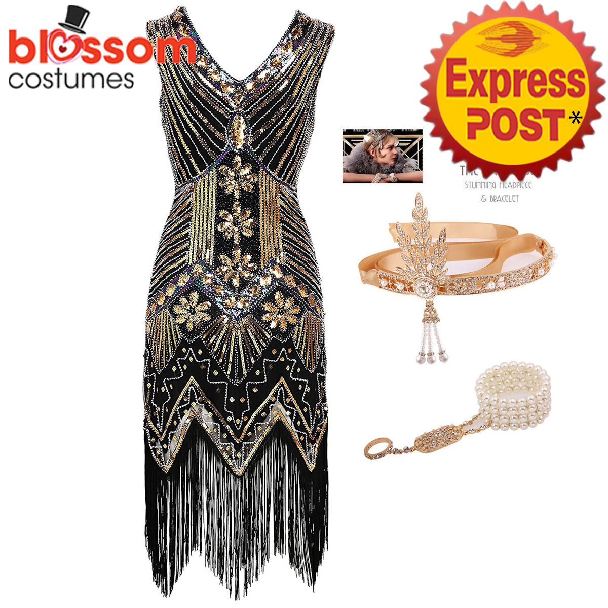 K225 Black Gold Ladies 1920s Roaring 20s Flapper Costume Sequins Outfit Dress Up | eBay